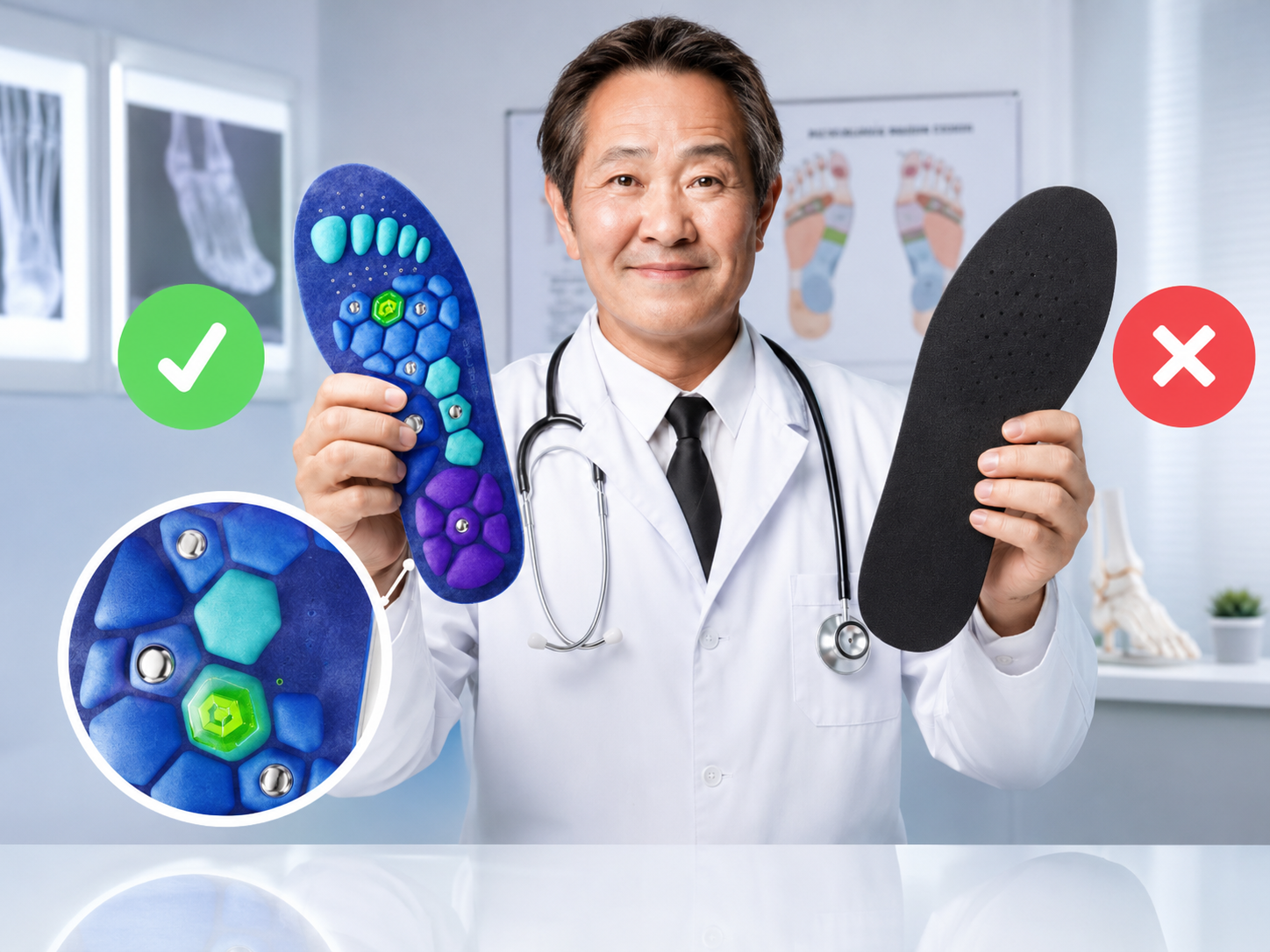 Doctor comparing Akusoli with a generic flat insole