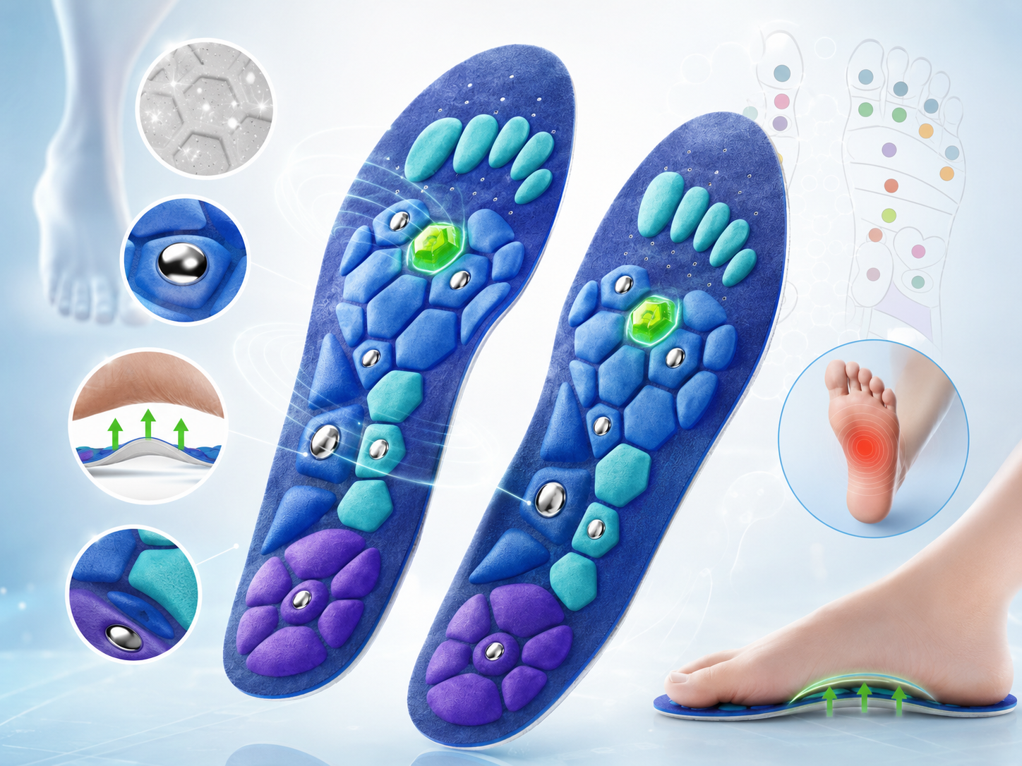 Akusoli acupressure magnetic insoles with support and comfort features